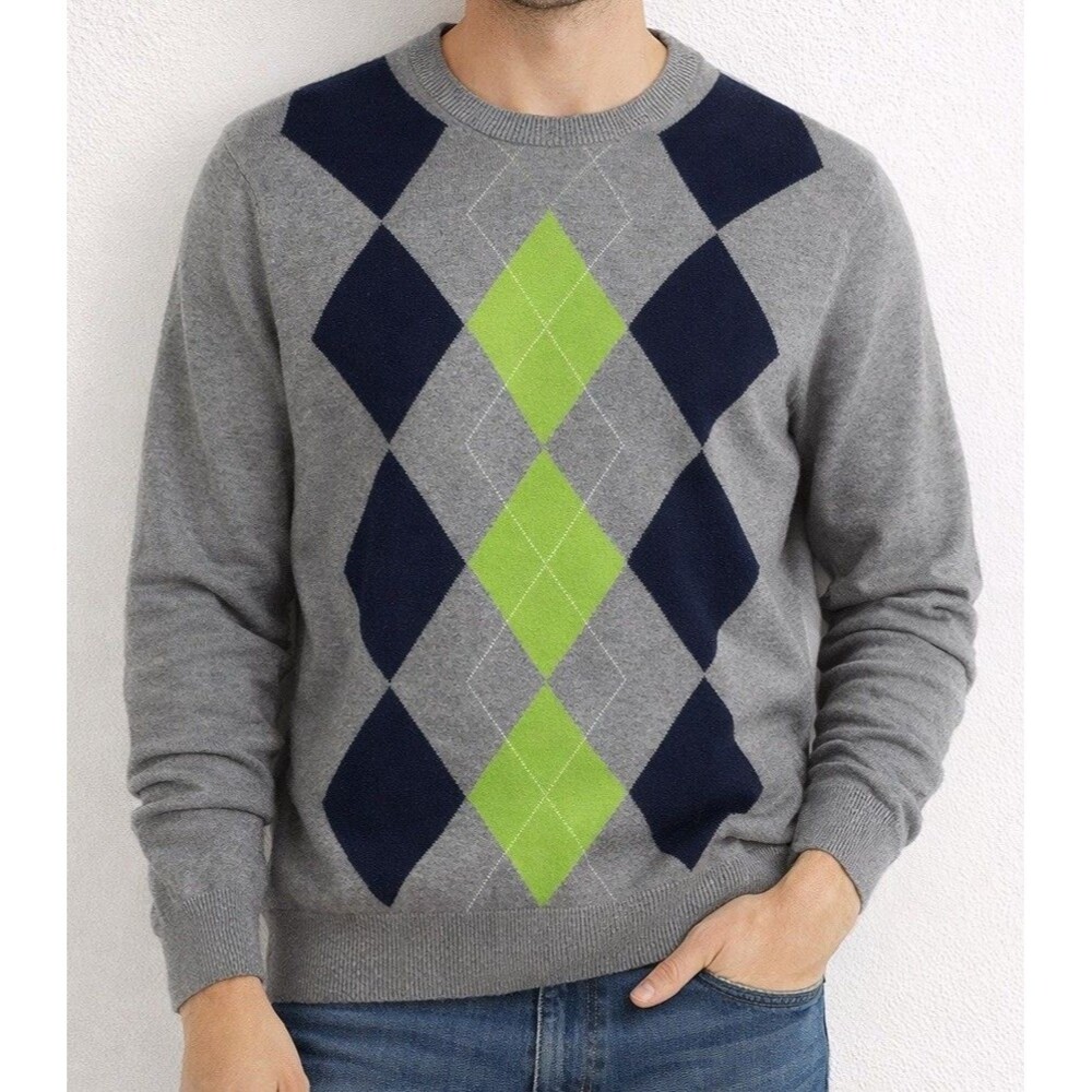 Old Navy Sweater Men's Large Classic Preppy Gray Argyle Diamond Pullover V-Neck
